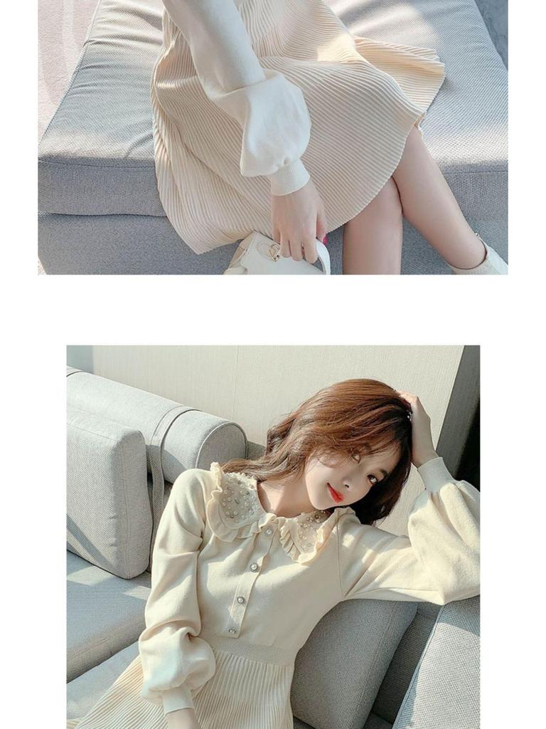 Beaded Petite Wool Knit Dress with Doll Collar for Women - Slimming, Age-Reducing Autumn Winter Layer