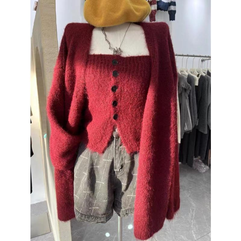 Temperament celebrity sweater set women's autumn and winter new loose tube top vest knitted sweater jacket two-piece set women