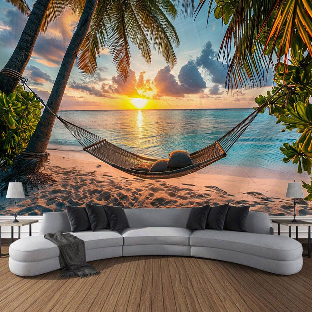 Beautiful Beach Coconut Tree Landscape Tapestry Polyester Fabric tapestry Wall Hanging Bohemian Wave Theme House Decoration