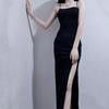 Mature Spicy Girl Black Spaghetti Strap Maxi Dress with Slit – Slimming, Hip-Hugging, Dominant Style