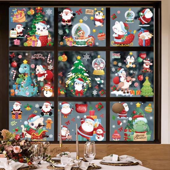 9Pcs/Set Christmas Stickers Self-adhesive Glass Film Snowman Elk Santa Claus Xmas Tree Patterns Removable