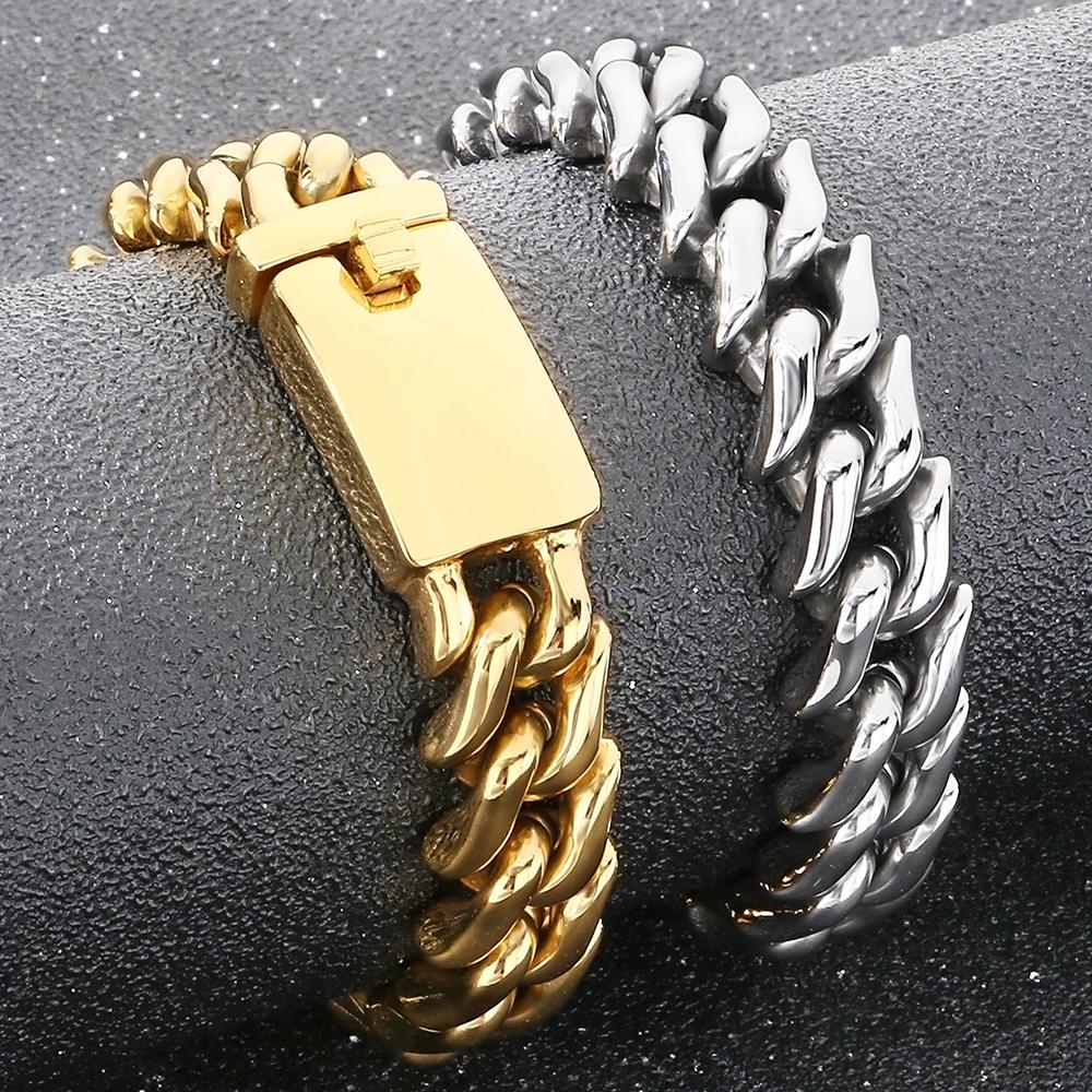 Polished 15mm Cuban Link Bracelet for Man Luxury Waterproof Gold Color Stainless Steel Men's Chain Bracelets Fashion Men Jewelry