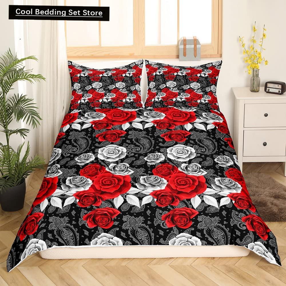 Valentine'S Day Rose King Queen Duvet Cover Red White Floral Bedding Set Romantic Flowers Quilt Cover Polyester Comforter Cover