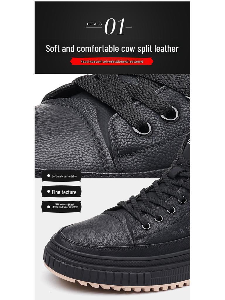 Męskie Zimowe Bawełniane Skórzane Buty High-Top, Casualowe Futerko, Antypoślizgowe Aksamitne Śniegowce