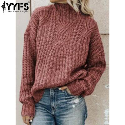 Maglioni a collo alto a maniche lunghe con stampa tinta unita, casual, autunno inverno, da donna