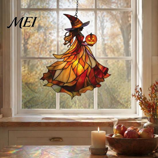 Handcrafted Witch Style Suncatcher Acrylic Suncatcher, Stained Glass Effect Window Car Hanging Ornament, Gothic Scary for Windows with Pumpkin Lantern