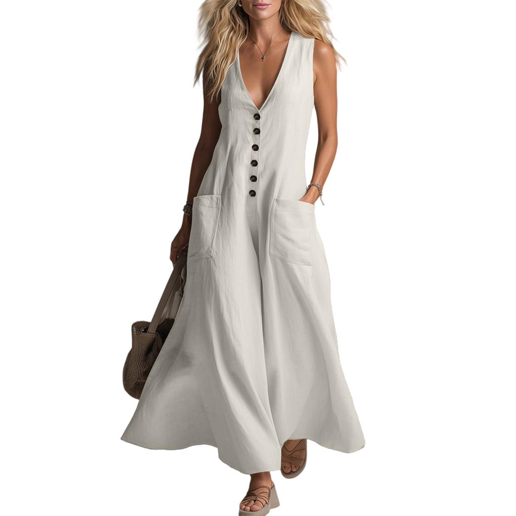 Sleeveless Button Front Casual Maxi Dress for Women Loose Fit Summer Dress with Pockets Womens Dresses Sundresses for Women Vacation Dress