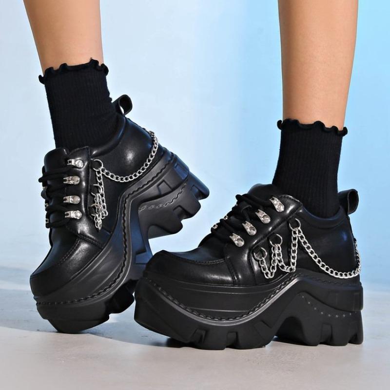 Fashion Platform Metal Chain Single Shoes Autumn New Round Toe Lace Up Punk Style Sneakers for Women 8cm Chunky High Heeled Zapatillas
