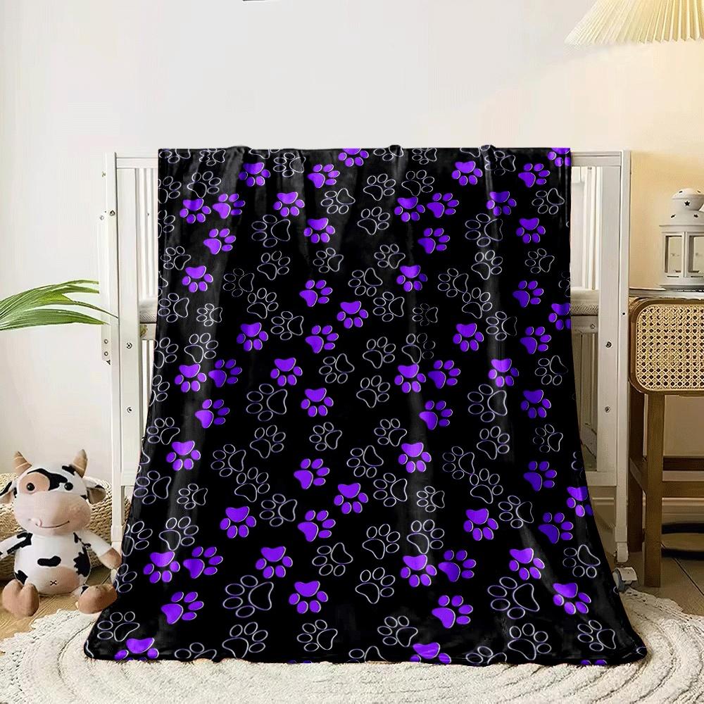 Purple and Outlined Paw Prints Scattered On a Black Background. for All Seasons Blanket Lunch Break Throw Gift