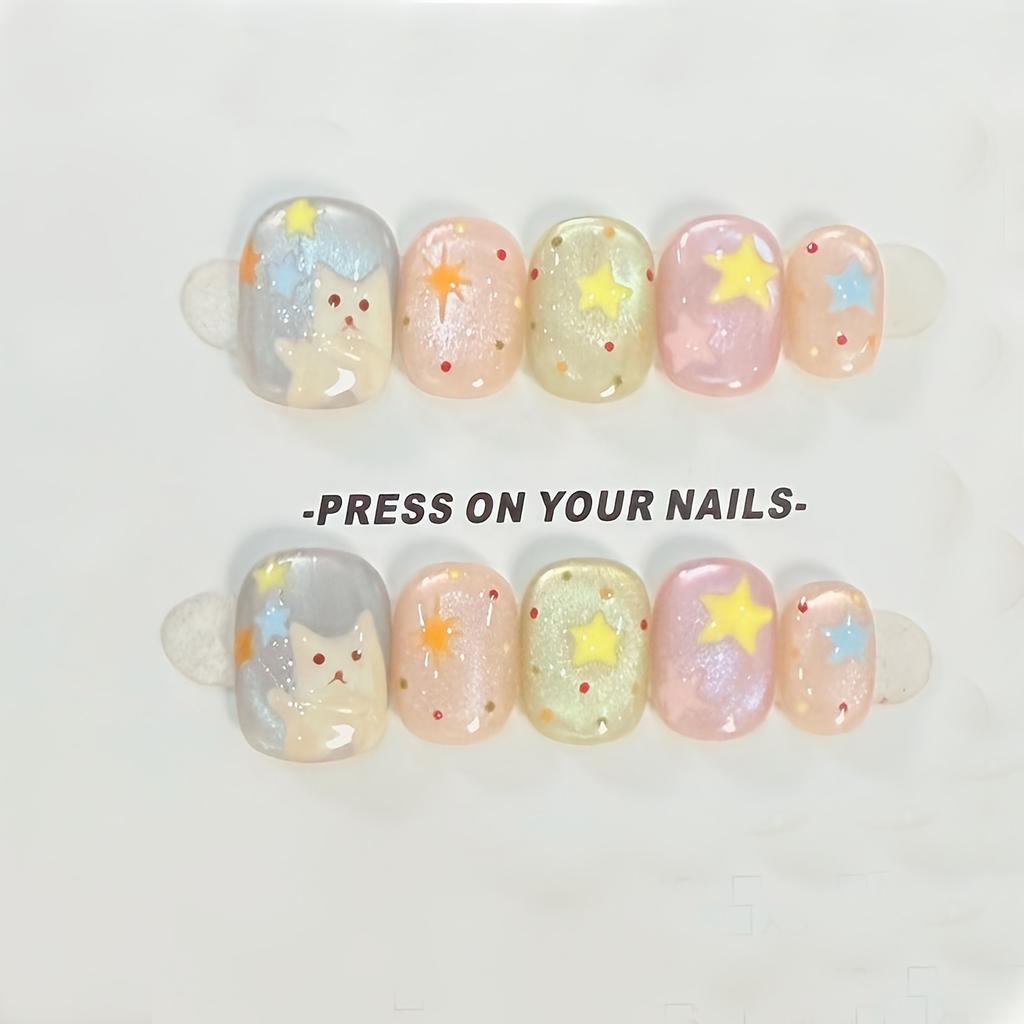 10 Pcs Short Oval Press On Nails Glossy Block Stripes And Star Designs Mix And Match False Nails For Women And Girls