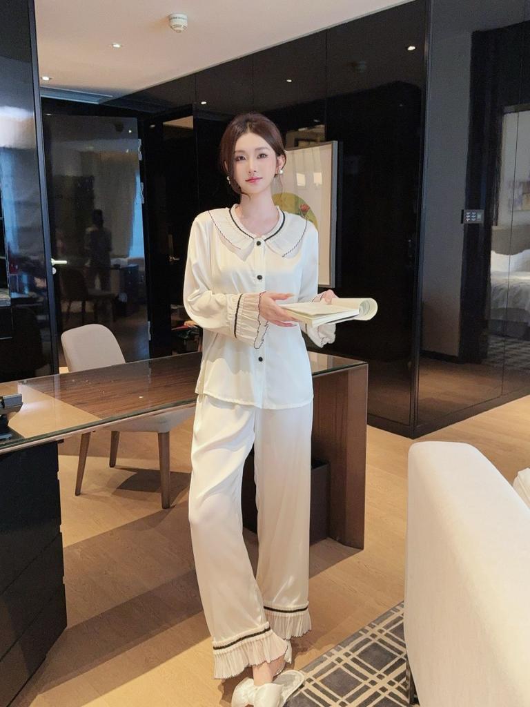 Spring new ice silk long-sleeved pajamas women's high-end French sweet lace thin loungewear suit can be worn outside