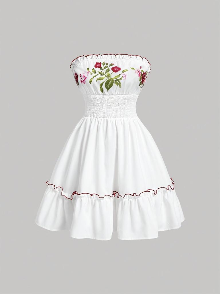 Retro Blumen-Patchwork-Tube-Top-Minikleid mit Rüschensaum für Sommer-Strandmode