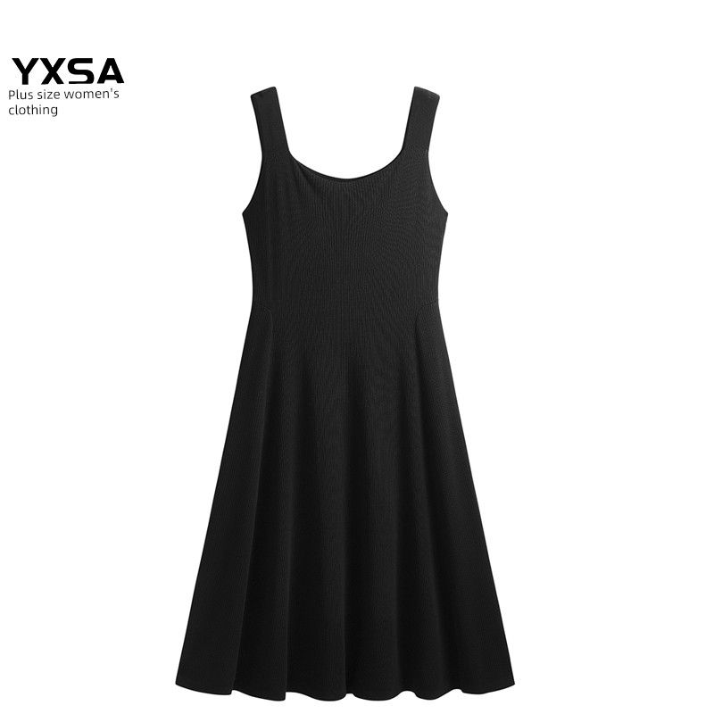 

Plus-Size Women s Spring and Autumn Knit Camisole Dress, Tummy-Concealing, Slimming, Mid-Length, Ice Silk, Black A-Line Dress Long Black 3XL