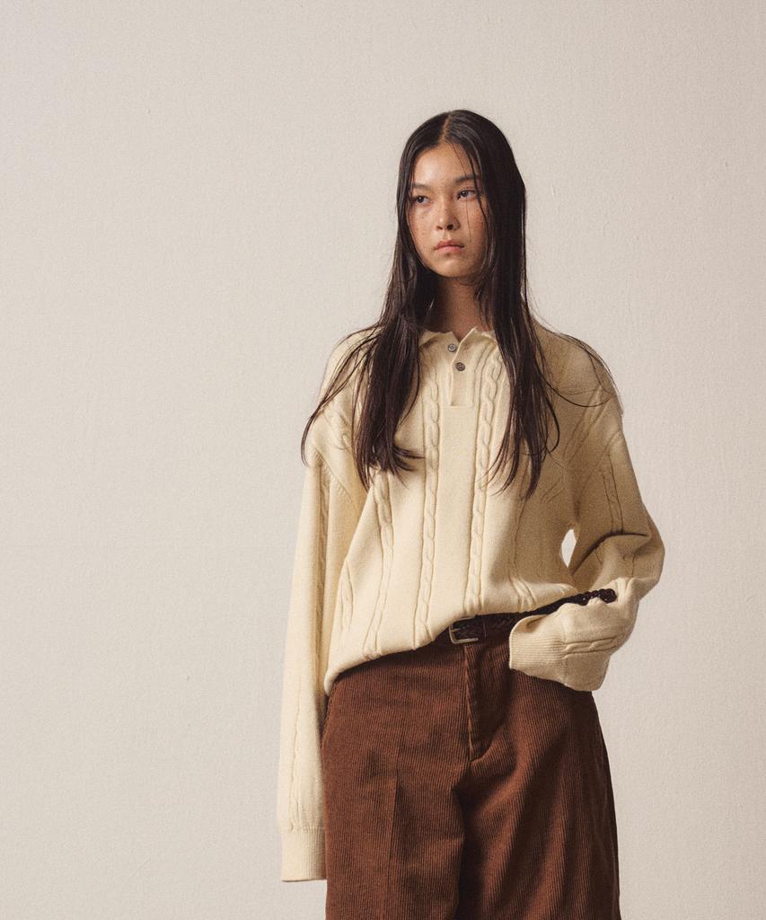 EZIO WOMEN W Cable 3-Button Collar Casual Knit_Ivory