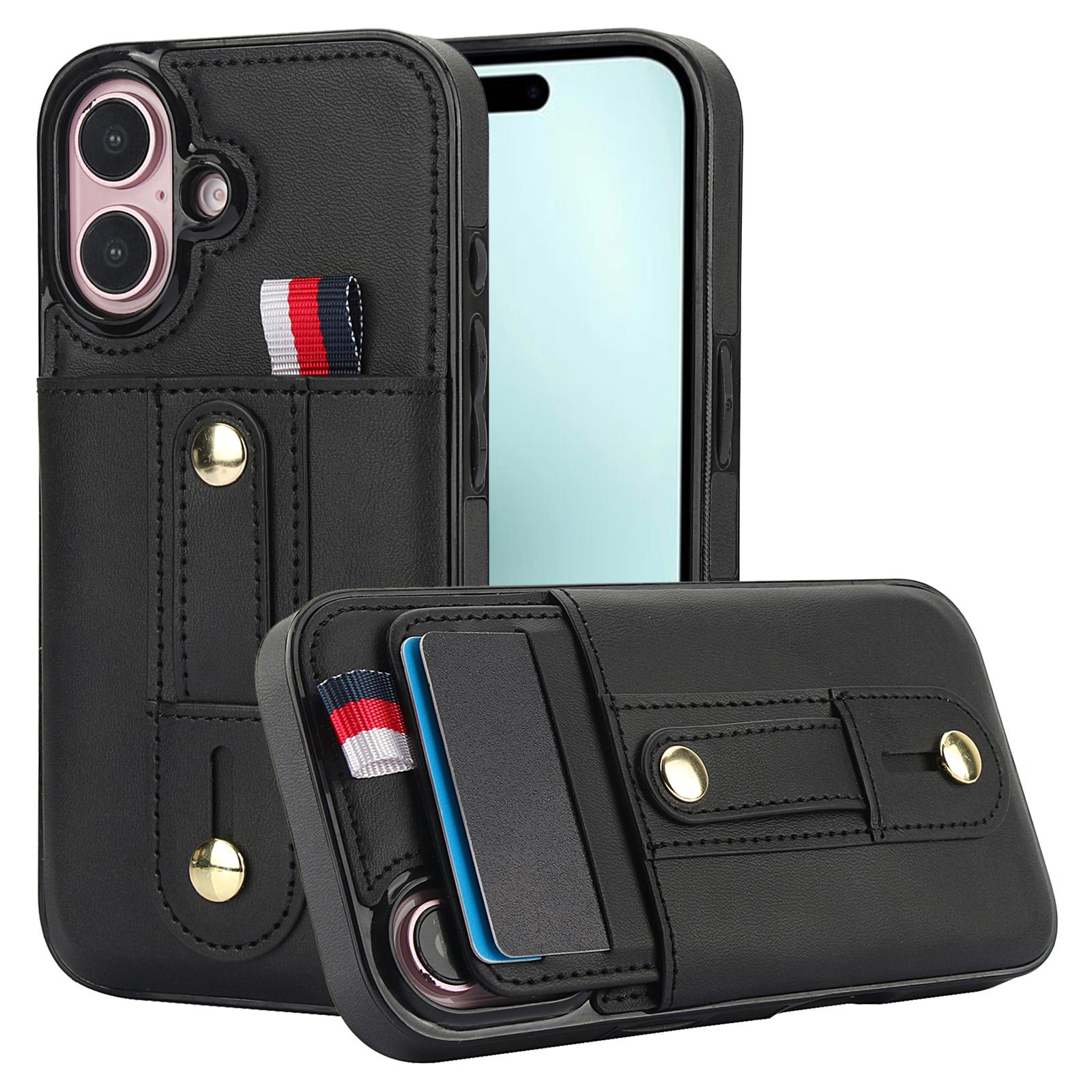 For iPhone 16 Case PU Leather+TPU Hidden Card Holder Drop-proof Phone Cover with Kickstand