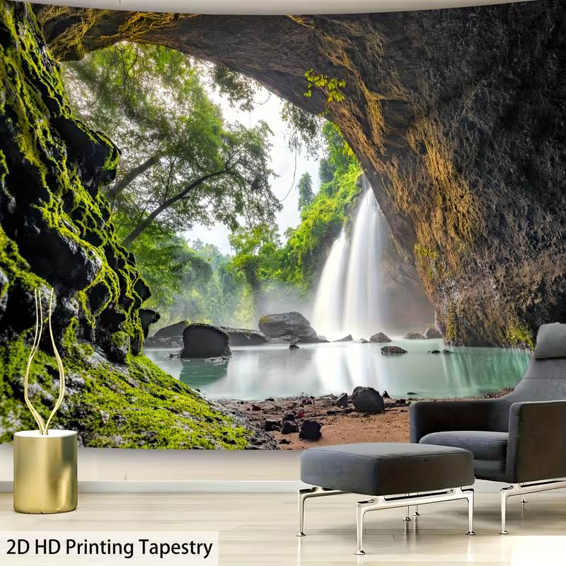 2D Jungle Cave Waterfall Wall Tapestry Tropical Scenery Background Cloth
