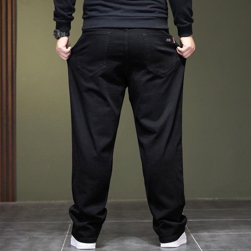 Pantaloni Denim cu Croială Dreaptă, Slim-Fit, Mărimi Mari, pentru Bărbați - Pantaloni Lungi Termici Negri pentru Sezonul Primăvară/Toamnă cu Elasticitate Ridicată