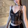 Transparent Leopard Camisole Lace Slim Crop Tops Suspender Vest with Pads  Spring Summer