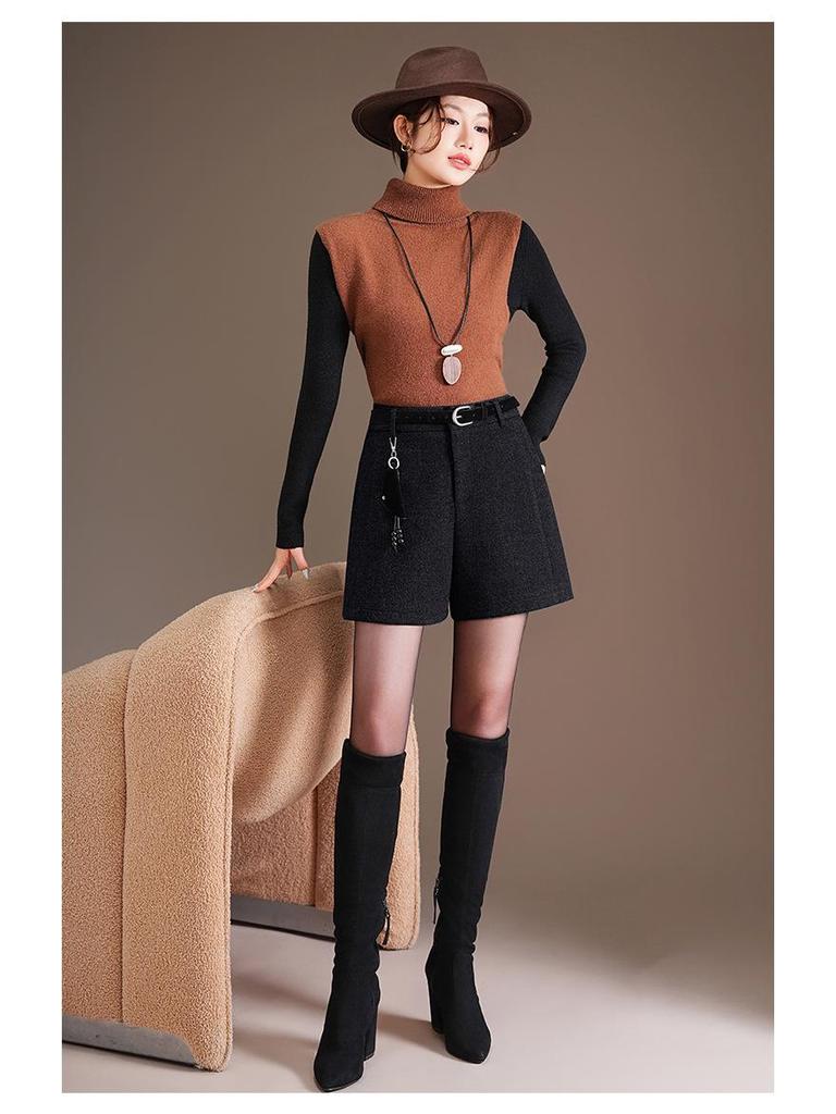 Women's Gray-Black Woolen Bootcut Shorts - Fashionable Autumn/Winter 2025