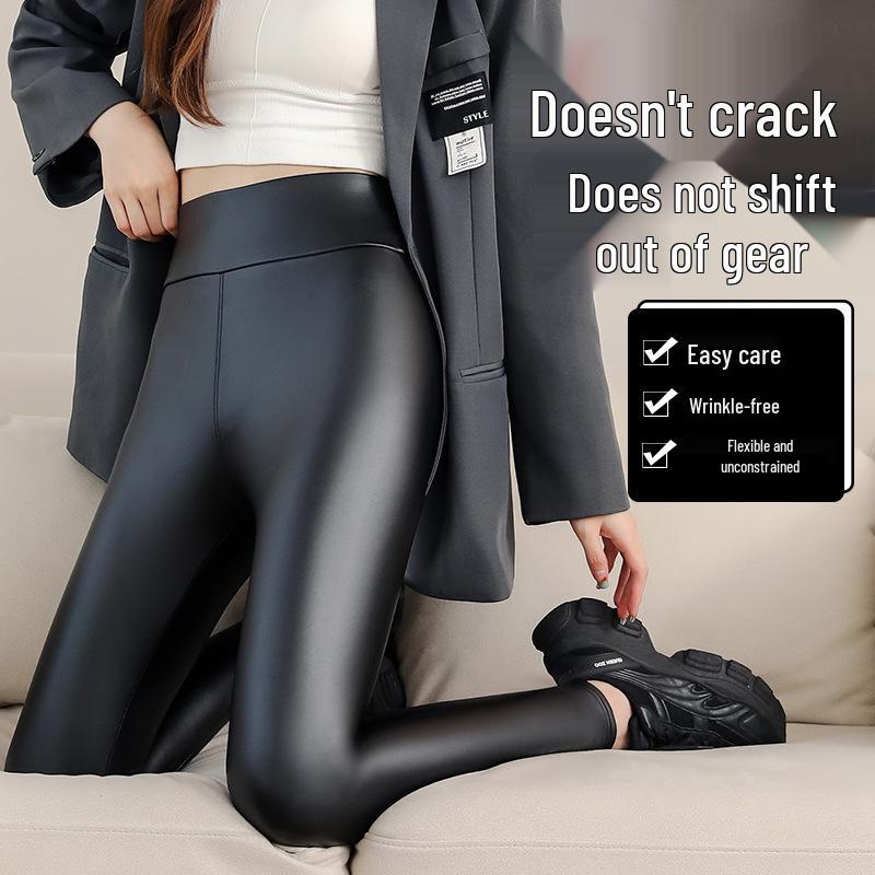 Women's Winter PU Leather High-Waist Thick Velvet Leggings - Plus Size, Slimming, Warm