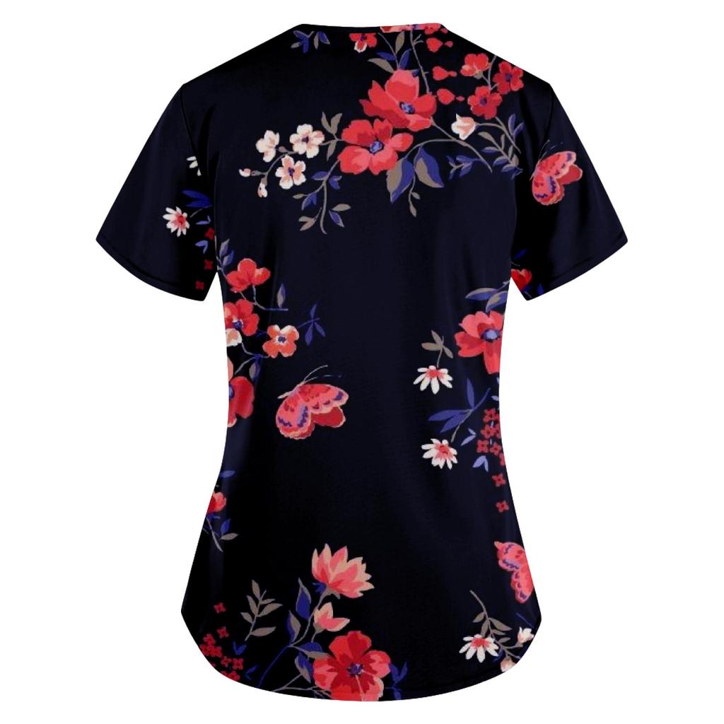 Modische bedruckte Damen-Arbeitsuniform mit Taschen-T-Shirt, kurzärmeliges Oberteil