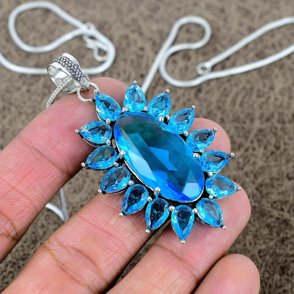 Blue Topaz Gemstone Handmade 925 Sterling Silver Jewelry Pendant 2.48" KKG-287