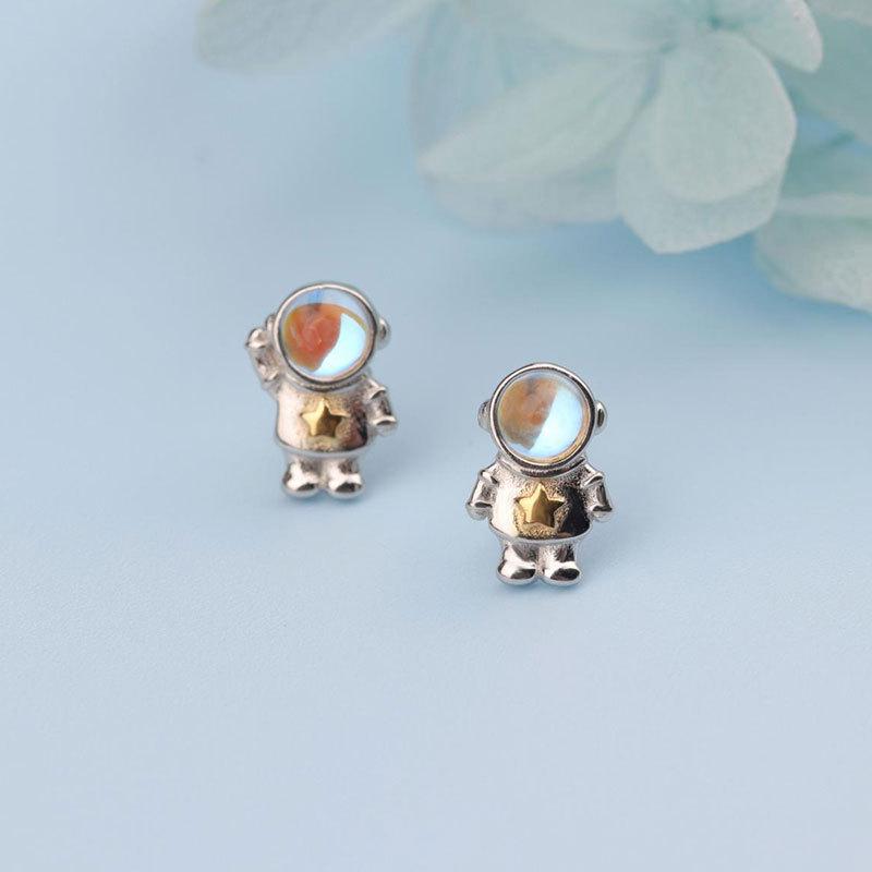 Weltraum Astronaut Ohrringe Asymmetrisches Design Blauer Mondstein Paar Ohrringe