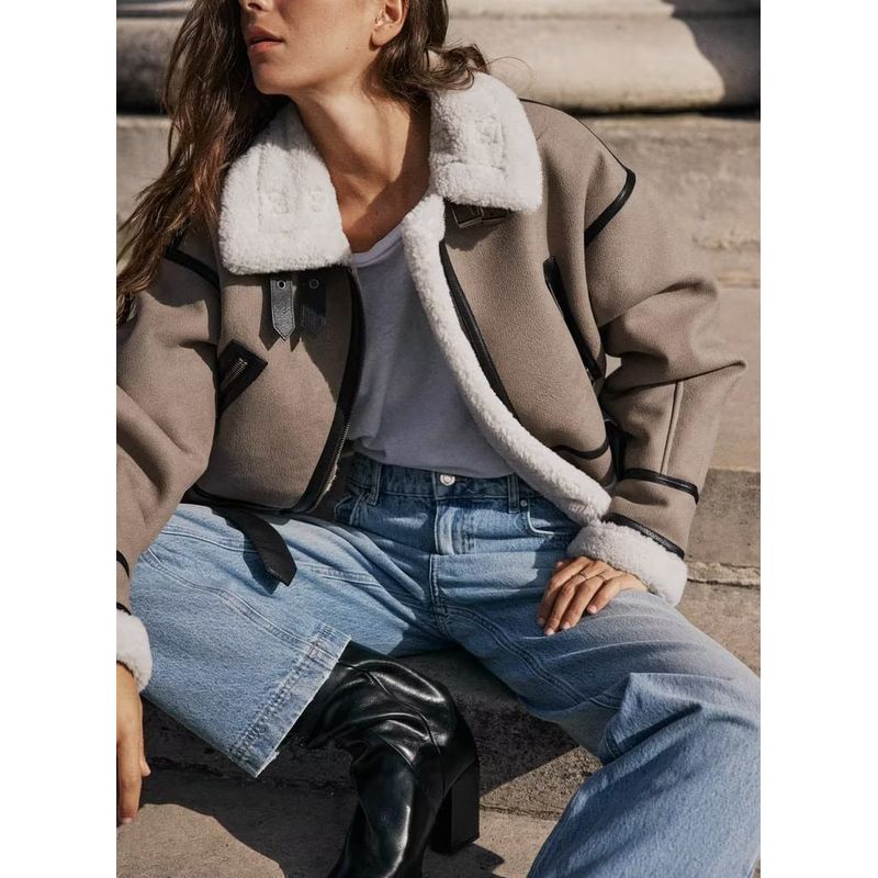 Fall and Winter New Arrival Fur Lapel Motorcycle Clothing Thickened Heattech Double-Sided Short Jacket 8073235