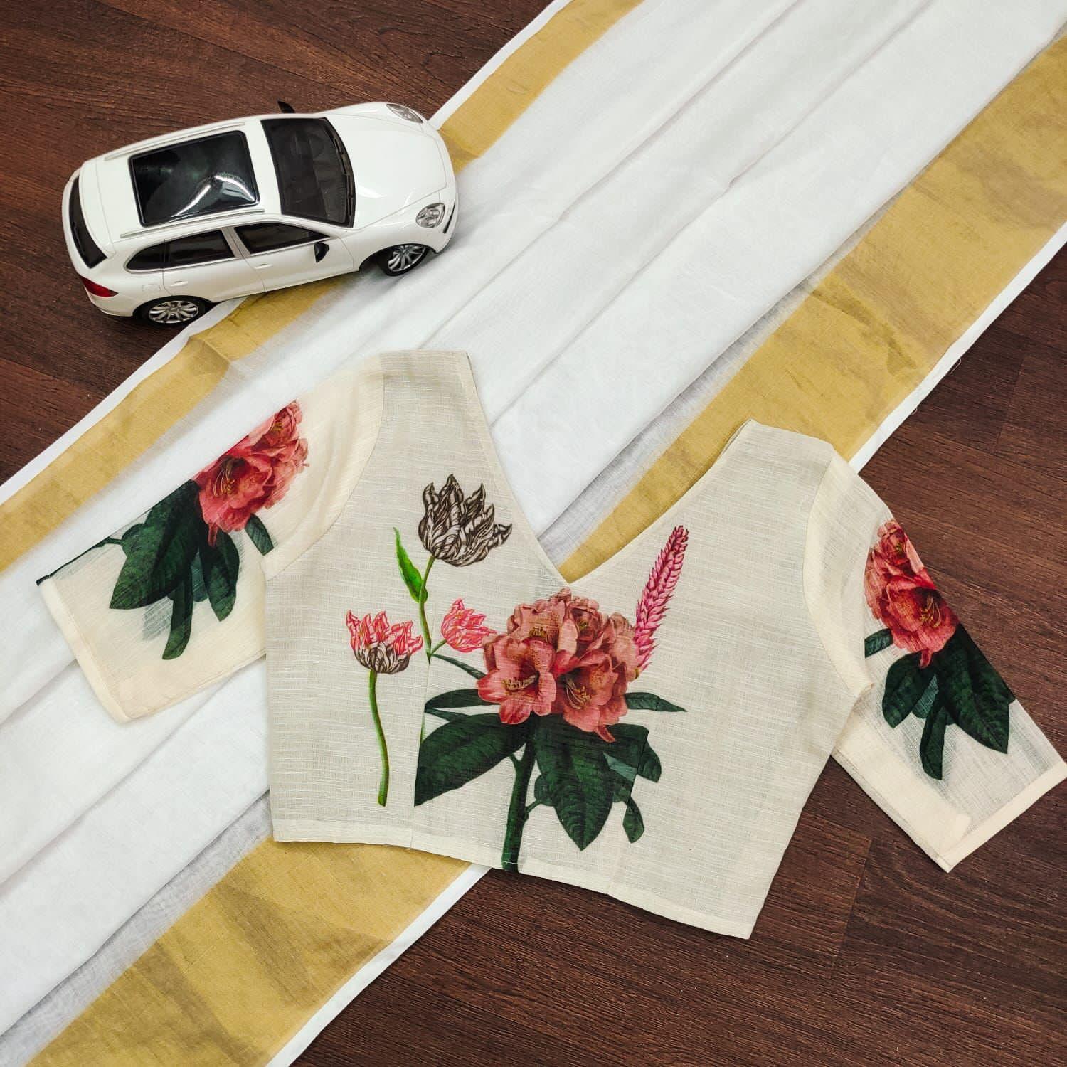 

Чистый импотированный хлопок с золотым сари Zari Border, лен с цифровой печатью (Расшитая блузка)