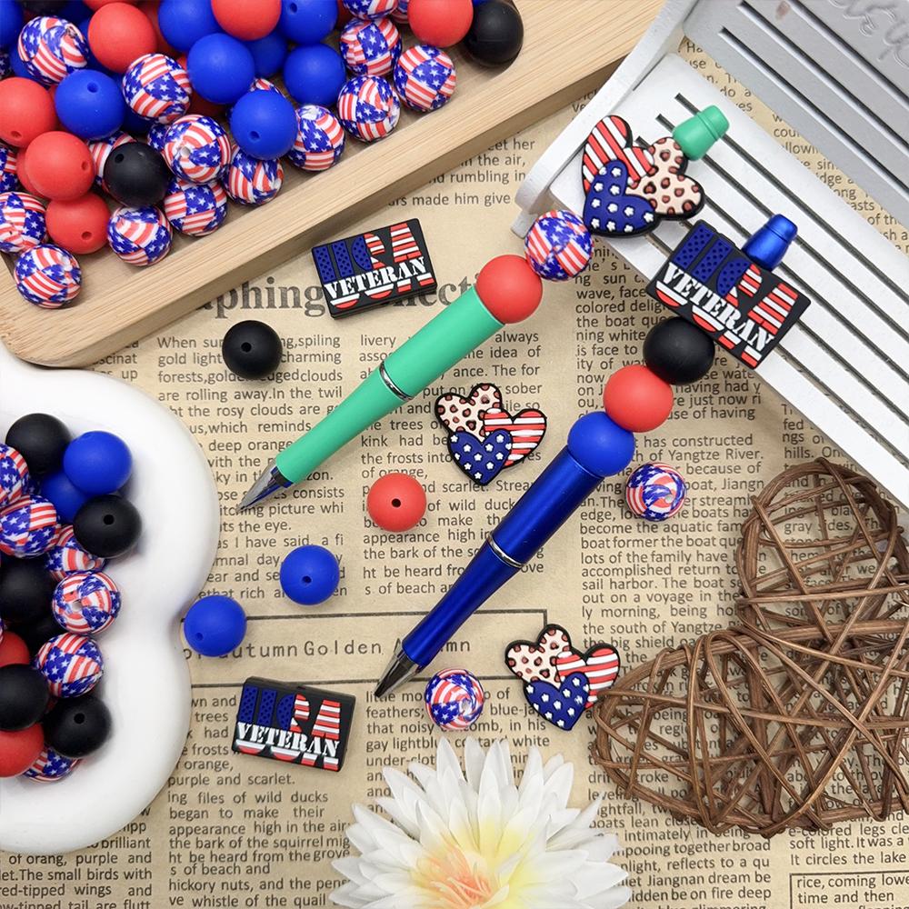 39Pcs Independence Day Series Silicone Beads Set DIY Beaded Necklace Bracelet Decoration Pen Jewelry Pendant Etc. Holiday Birthday Gift