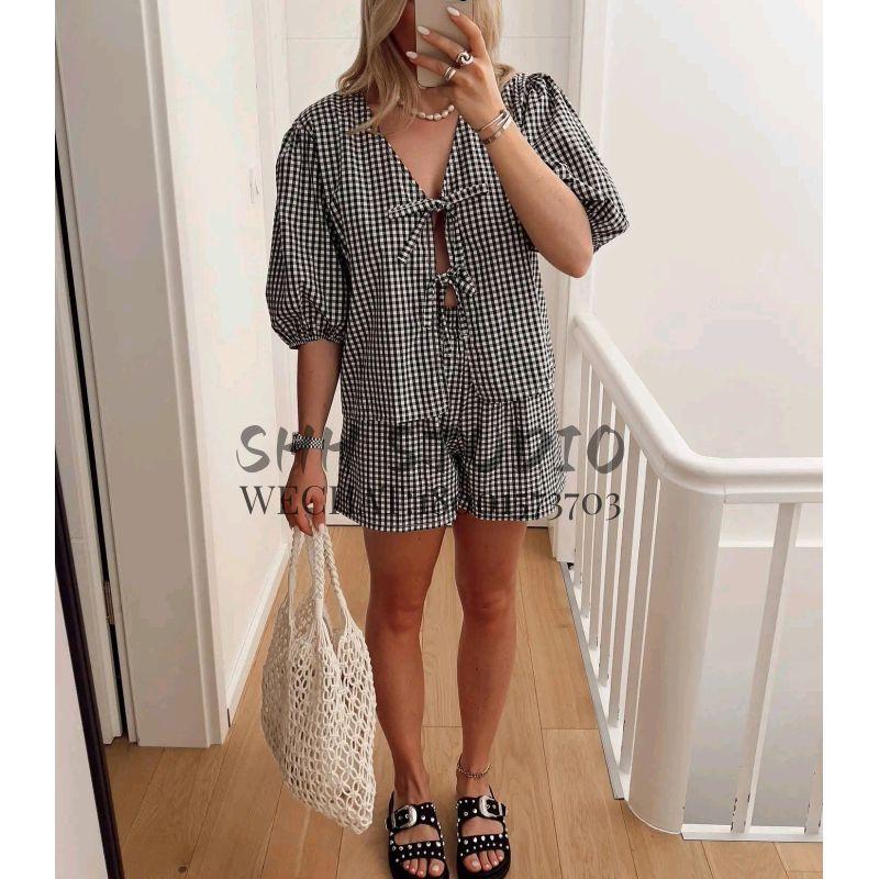 Spring New French Sweet Fashion V-neck Puff Sleeve Plaid Knotted Tops High Waist Casual Shorts