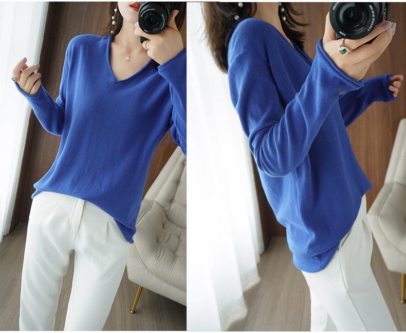 Women's Cotton V-neck Long Sleeve Knit Top - Slimming, Versatile, Solid Color for Spring & Autumn