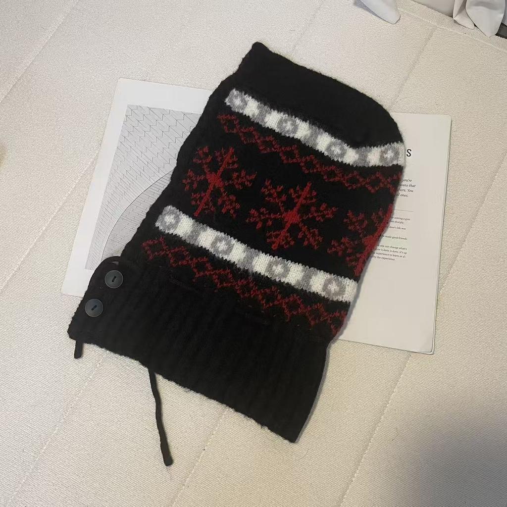 Retro Schneeflocken Sturmhaube Damen Herbst und Winter Verdickt Warm und Kältefest Ohrenschutz Überzieh-Mütze