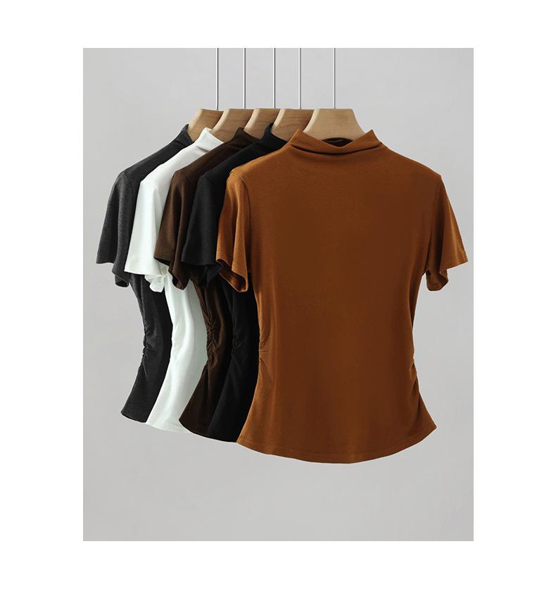 YB536# Women's Minimalist Half High Neck Slimming Solid Color Short Sleeve Shirt