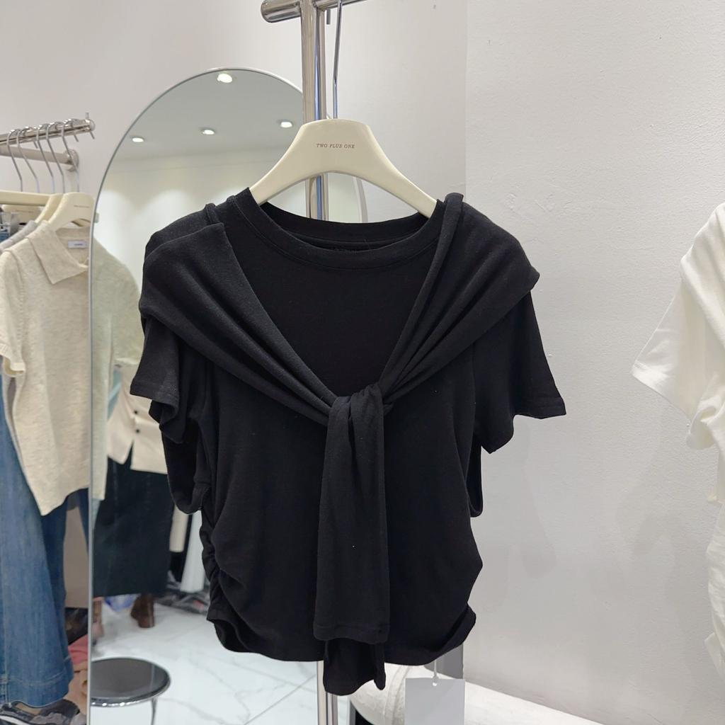 Women Modal Fake Two-Piece T-Shirt Short Sleeve Shawl Design Solid Color Cropped Tops For Summer