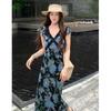 Summer Resort Style V-Neck Ruffle Sleeve High-Waist Floral Print Long Dress for Women