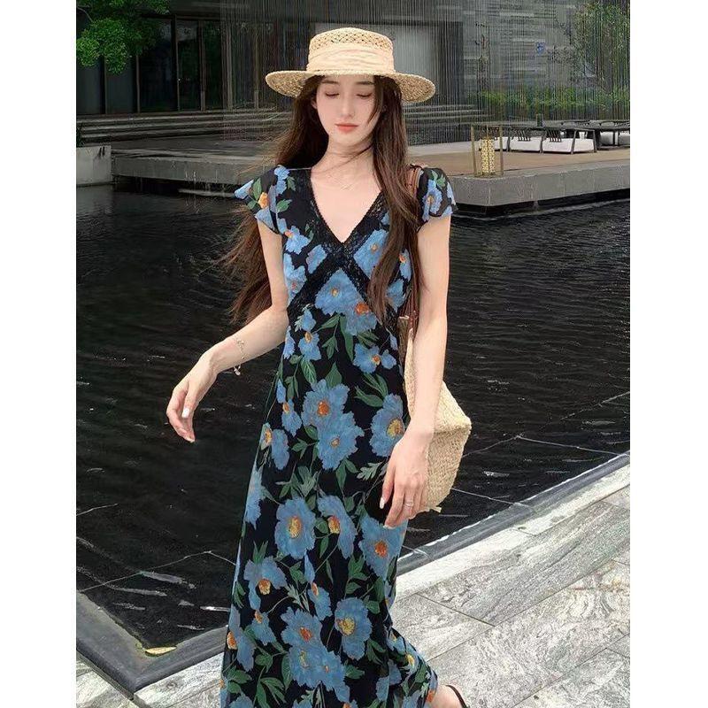 Summer Resort Style V-Neck Ruffle Sleeve High-Waist Floral Print Long Dress for Women