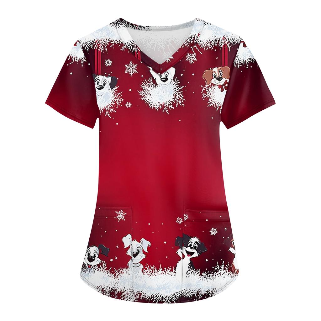 Dámské módní pracovní oděvy s krátkým rukávem a výstřihem do V s kapsami Vánoční topy s potiskem