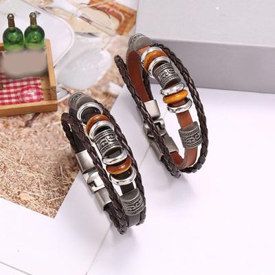 Men Bracelet Vintage Three Layers Braided Ethnic Stainless Alloy Hand-woven Exquisite Lightweight Faux Leather Decorative Wrist Strap