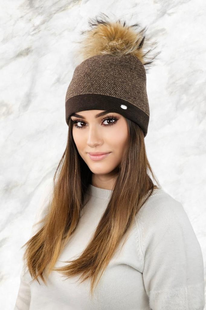 Aloes Warm Pepita Hat with Natural Pompom Finish, Brown