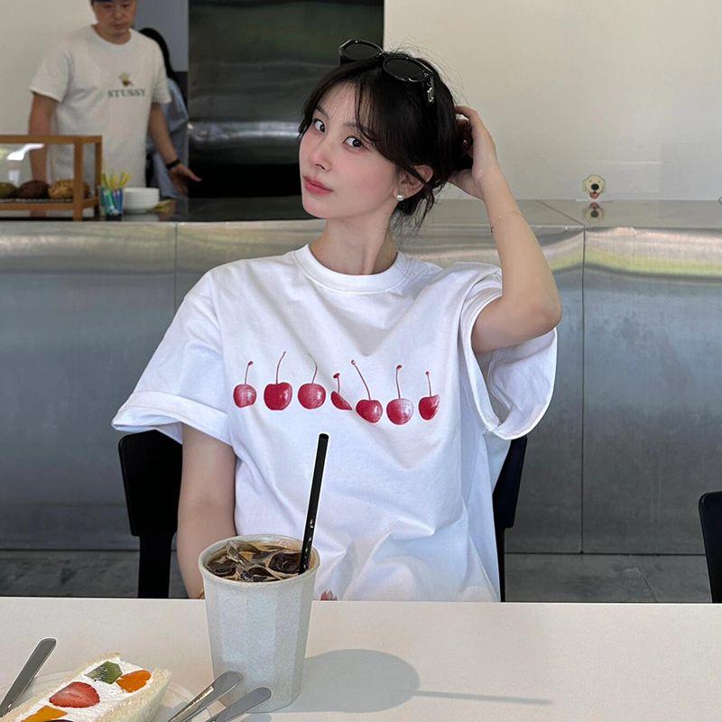 

Light Language Studio ~ Niche Cherry Age-Reducing Print Casual All-matching Loose Simple Pure Cotton Short sleeve T-shirt Women Summer White XXL