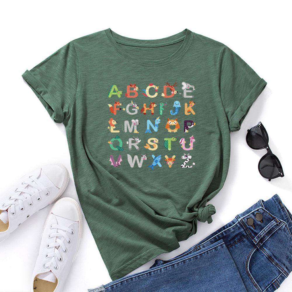 Cotton T-Shirt Short Sleeve Round Neck Women 2d Print Tops
