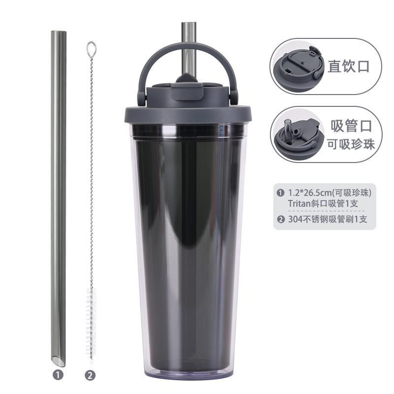 Double-Layer Colored Plastic Straw Cup, Large Hole Suction Bubble Tea Cup, One Cover, Double Drink, Portable Handle Water Cup