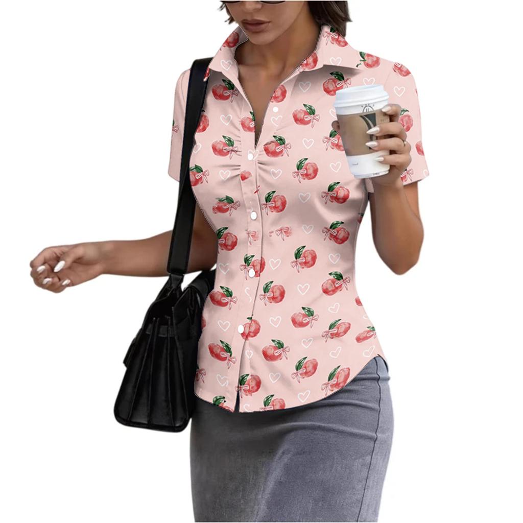 Women's Short Sleeve Button Down Shirt Slim Fit Collared Blouse Lightweight Casual Workwear Top for Summer