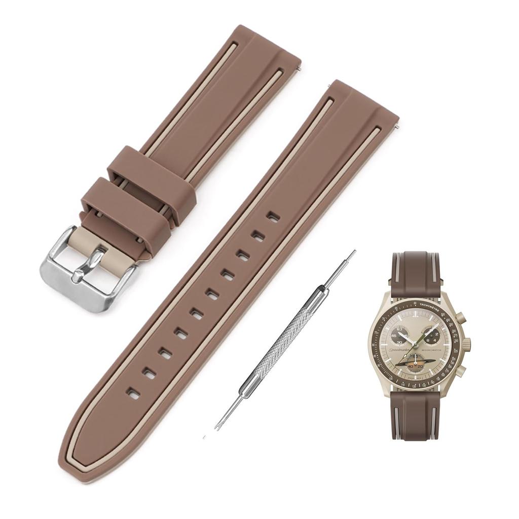 Jumpsunfun 20mm Watch Band for Swatch x OMEGA Speedmaster Silicone Watch Strap with Quick Release Replacement Brown and Light Brown Lines MoonSwatch,