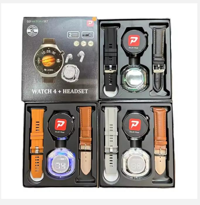 Set Cadou Ceas Inteligent D21 4 cu Căști Bluetooth Air39 Cadran Rotund Relojes Montre Connecte 2 în 1 Ceas Inteligent cu Căști TWS