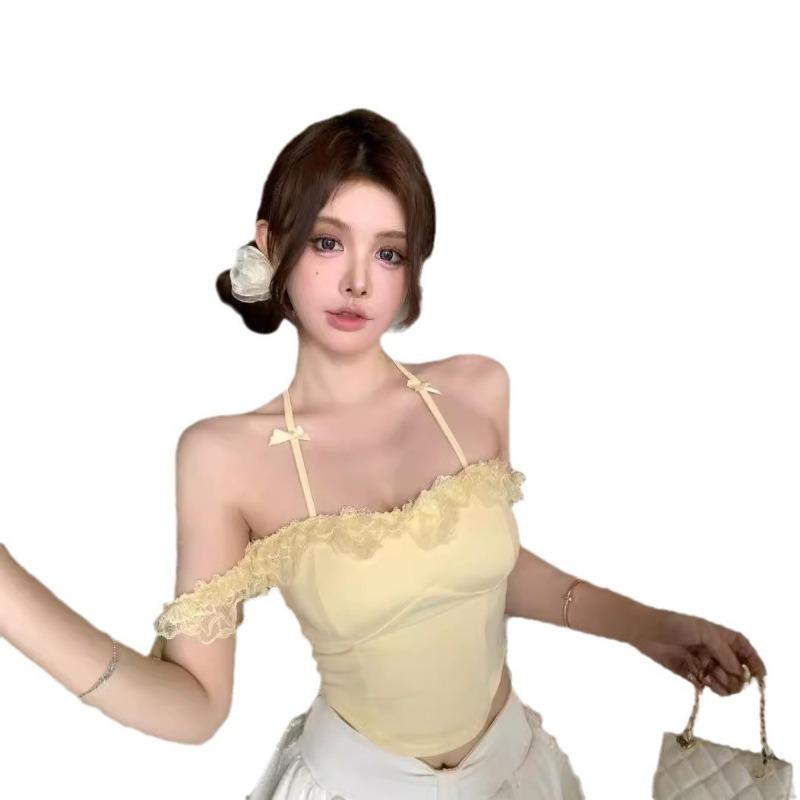 Cotton Pure Wind Lace One-line Shoulder Hanging Neck Bow with Chest Pad Small T-shirt Female Summer Spice Girls Wear Outside