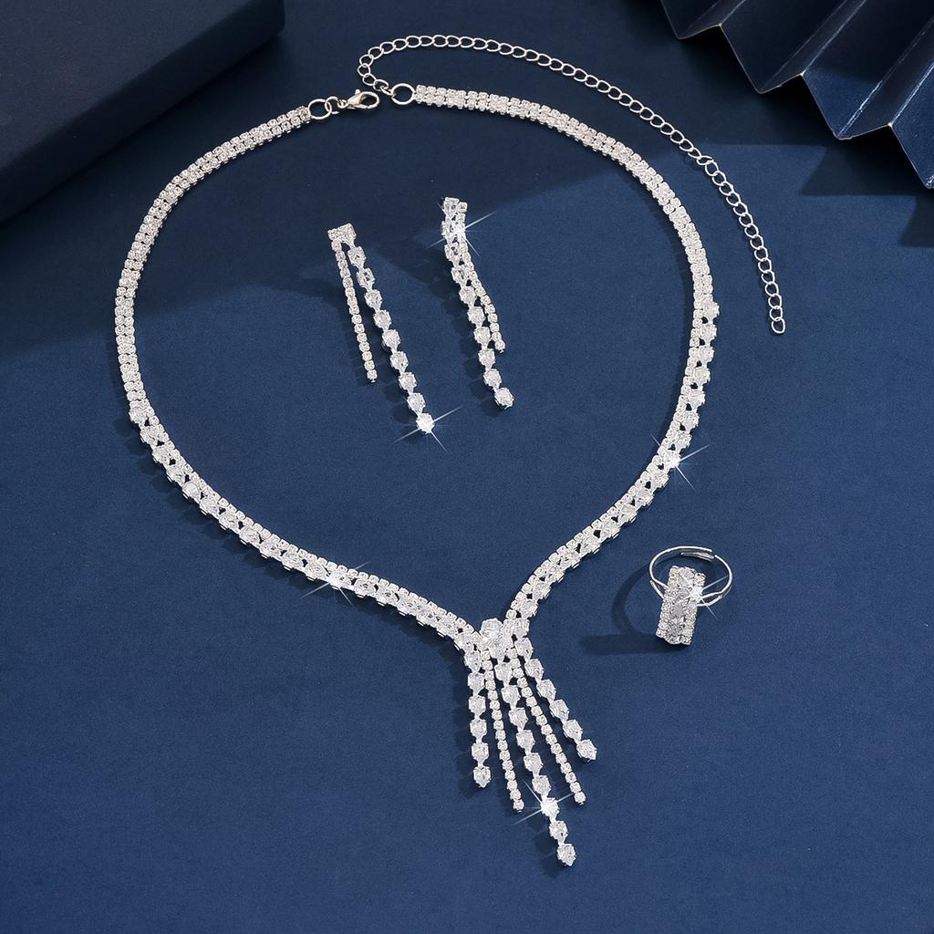 3-teiliges Modeschmuck-Set für Damen, Halskette mit Zirkon-Quaste, Ohrringe, Ringe, Zirkon-Set, Einfach für Hochzeit, Party, Festival-Geschenk-8572