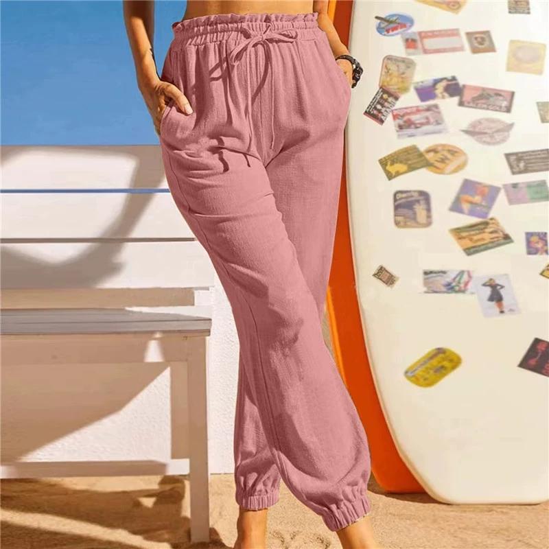 Women's Casual Cotton Linen Stretch Pants Elastic Waist Solid Comfy Pockets Pants