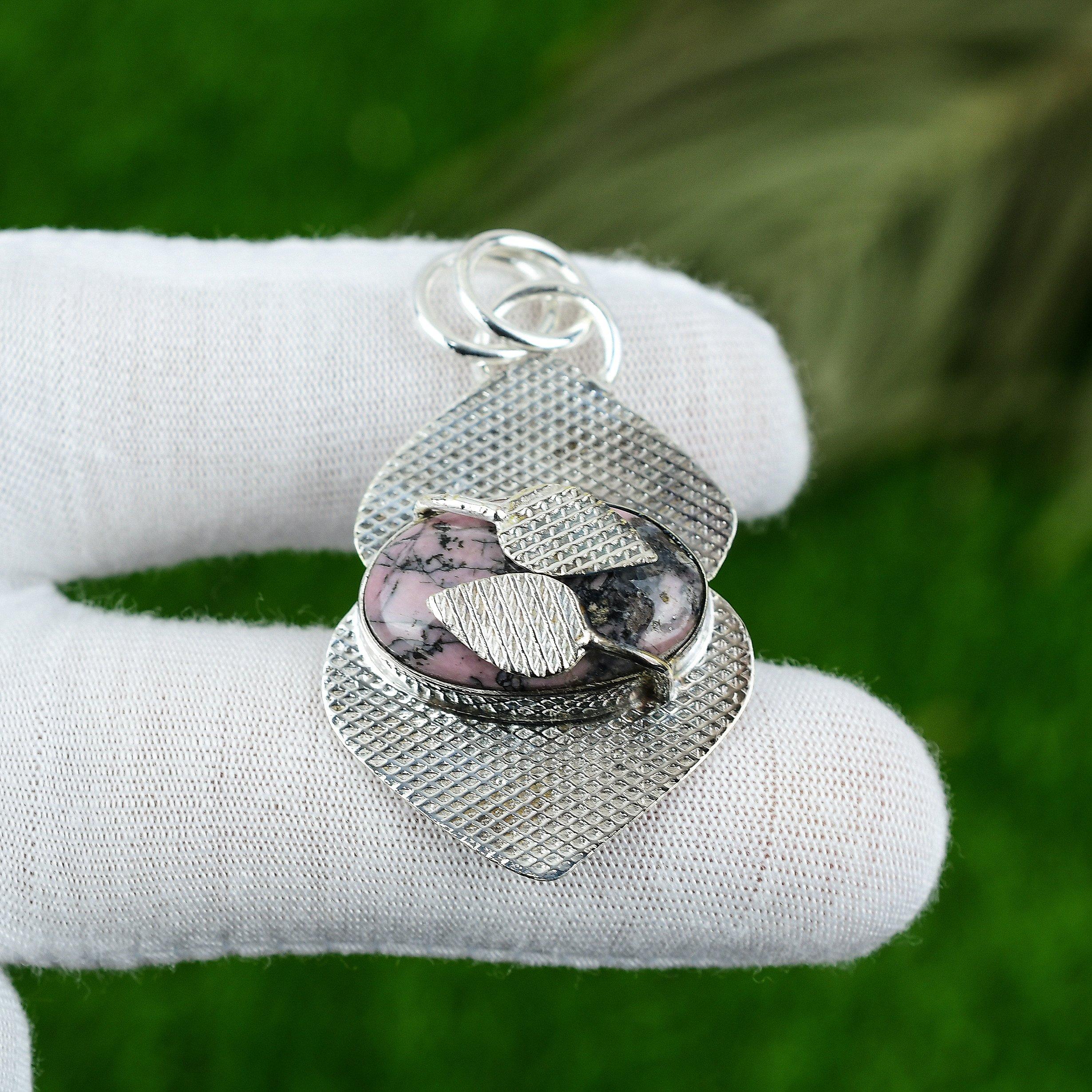 Womens day Deal Oval Rhodonite Stone Bezel Sister Pendant 925 Sterling Silver